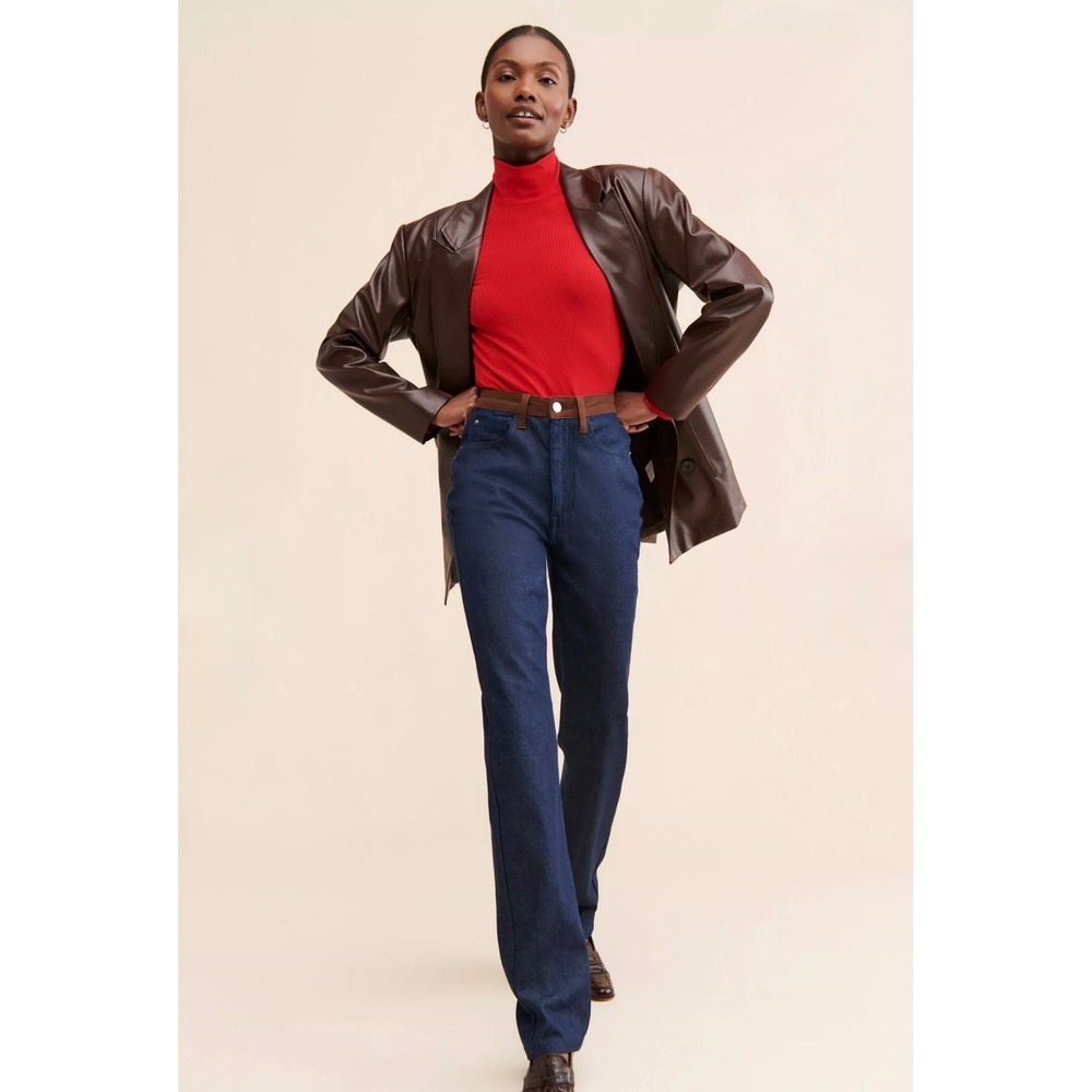 WeWoreWhat x Free People Icon Straight Leg Jeans Dark Wash Brown Trim Sz 28 new